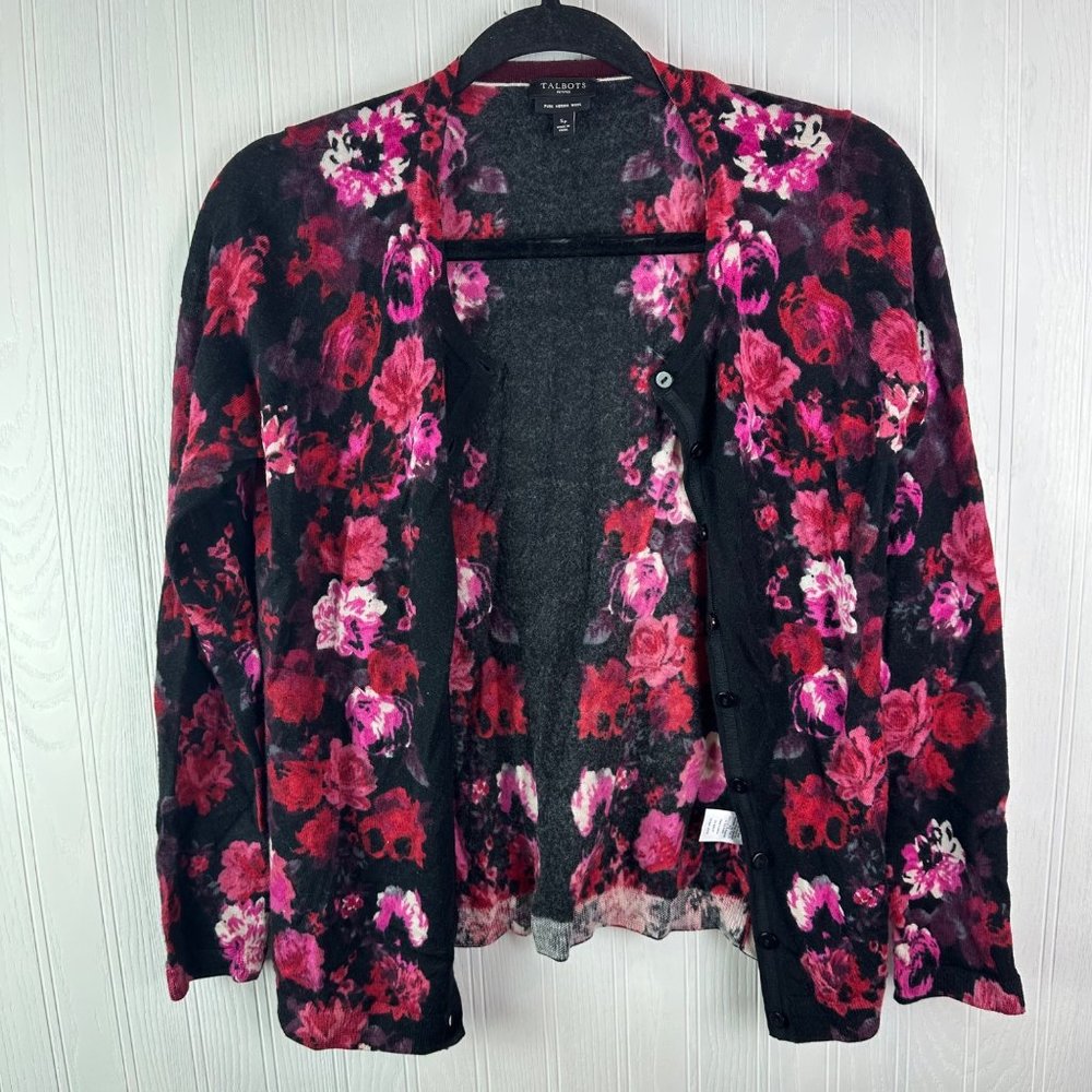 Talbots‎ merino wool sweater cardigan floral print size Small Petite